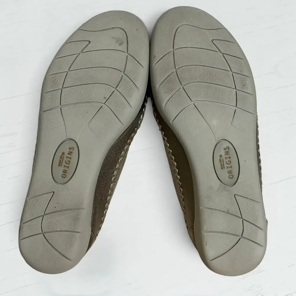 Earth Origins Freya Washed Gold Leather Whipstitch Comfort Flats Loafers Sz 6M